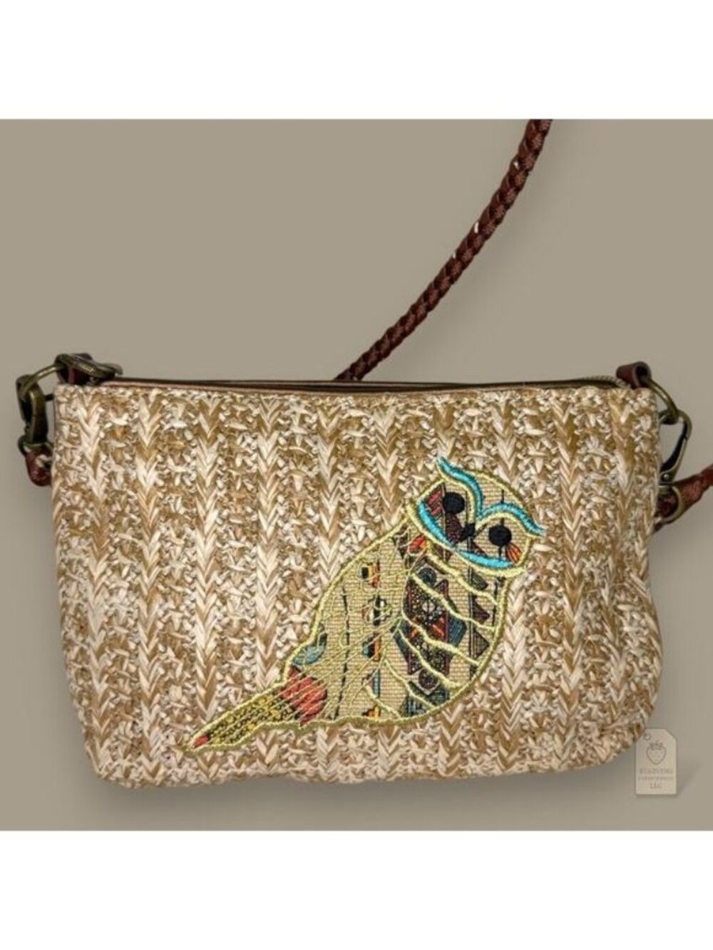 Sakroots Owl Embroidered Straw Crossbody Bag Brown Woven Boho Purse